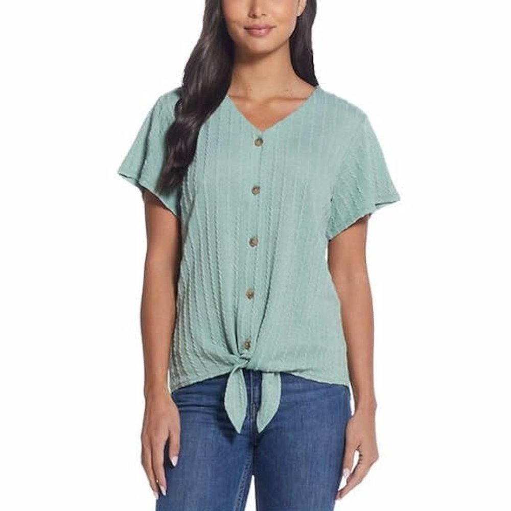 NWT Weatherproof Vintage Womens Tie Front Top Green Blouse Sz L $60 1B284